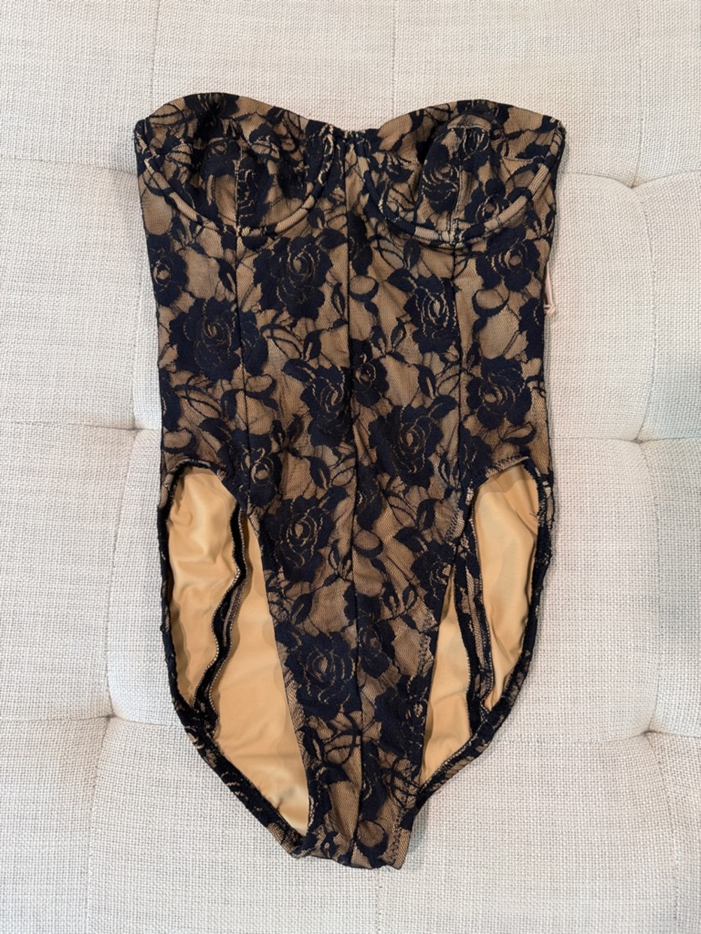 Norma Kamali Black Lace Overlay with Tan Underlay Bodysuit